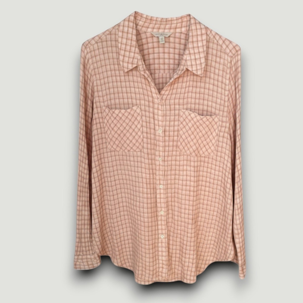 Lucky Brand Button Down Shirt Women L Pink Tan Plaid  Long Sleeve Casual Chic